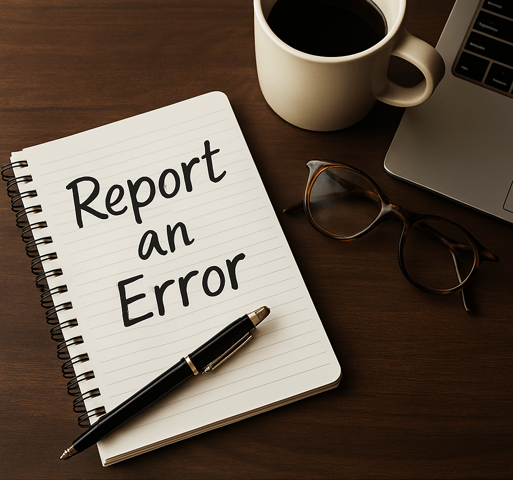 An open notebook labeled “Report an Error” on a wooden desk with a fountain pen, eyeglasses, coffee mug, and laptop—symbolizing thoughtful correction.
