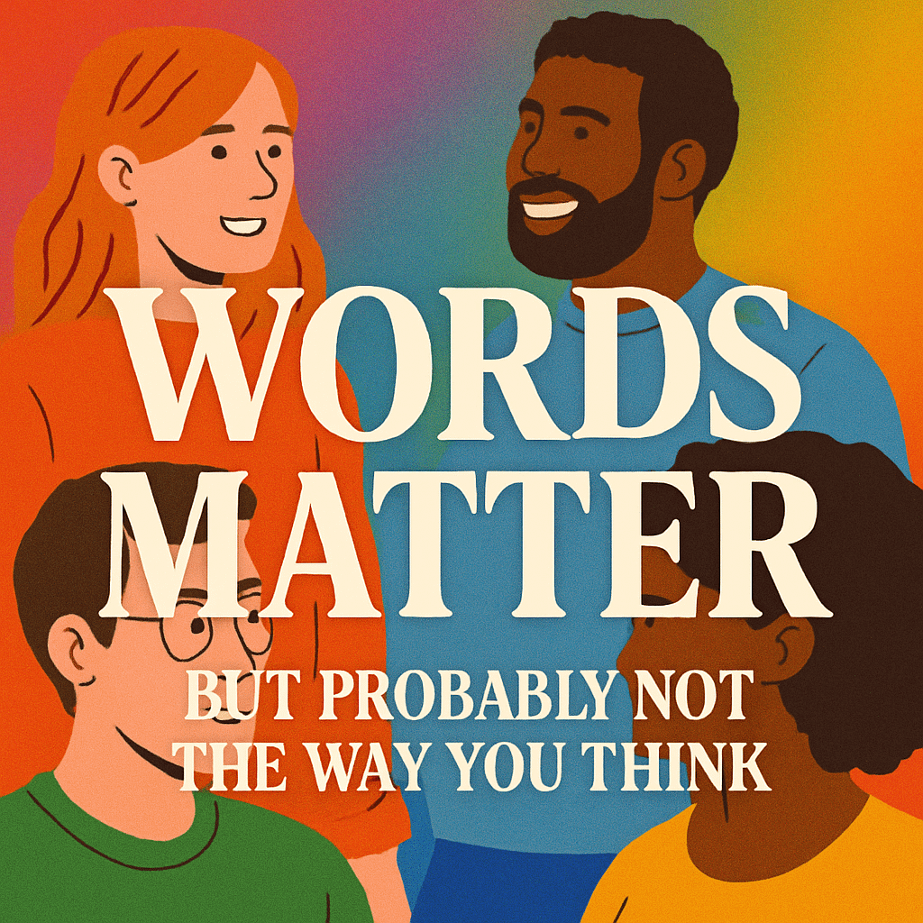 Bold text reading “Words Matter - But Probably Not the Way You Think” centered among a diverse group of smiling, illustrated people on a vibrant rainbow gradient background