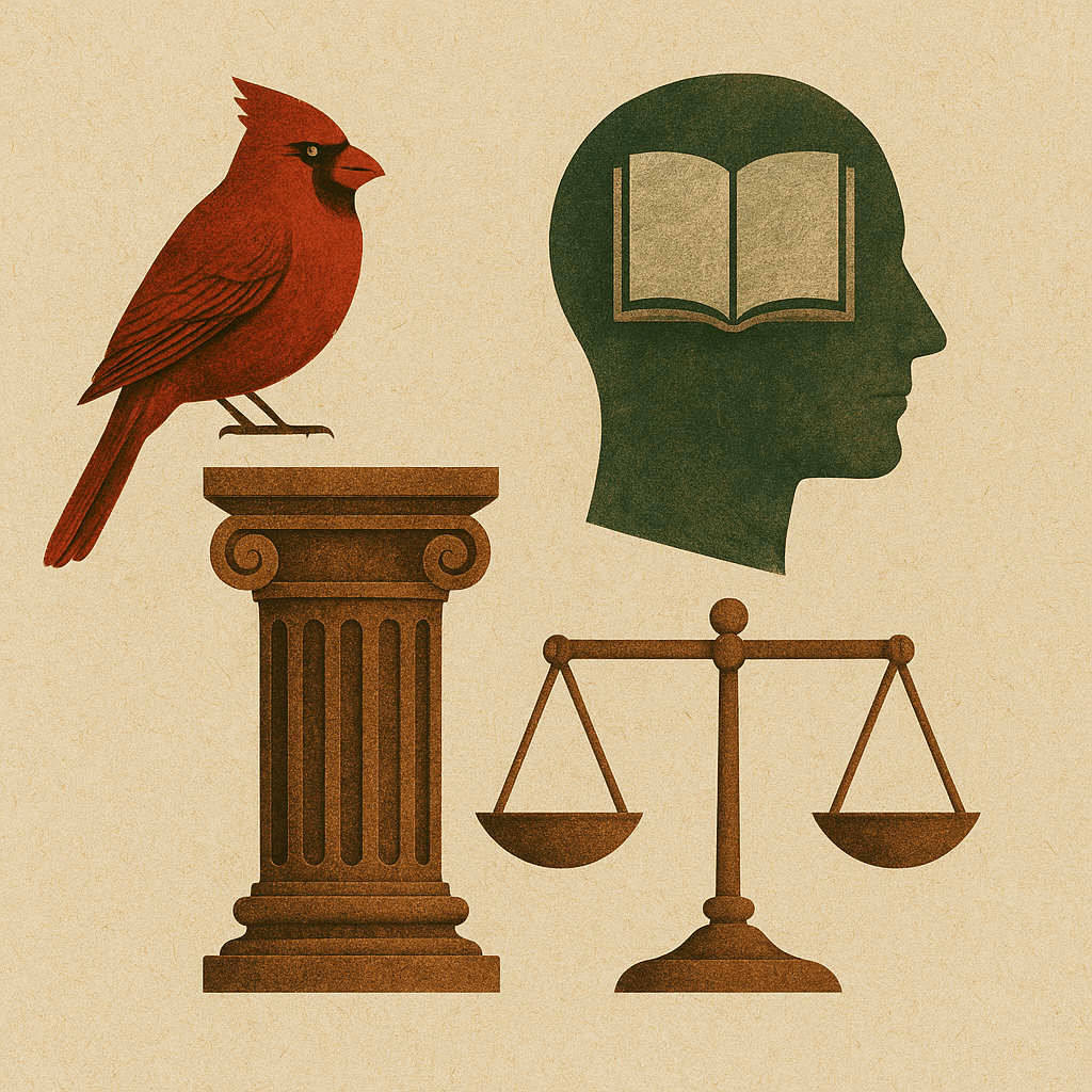 Illustration of a cardinal on a pillar, a human profile with a book, and balanced scales representing wisdom, ethics, philosophical thinking, and common sense.