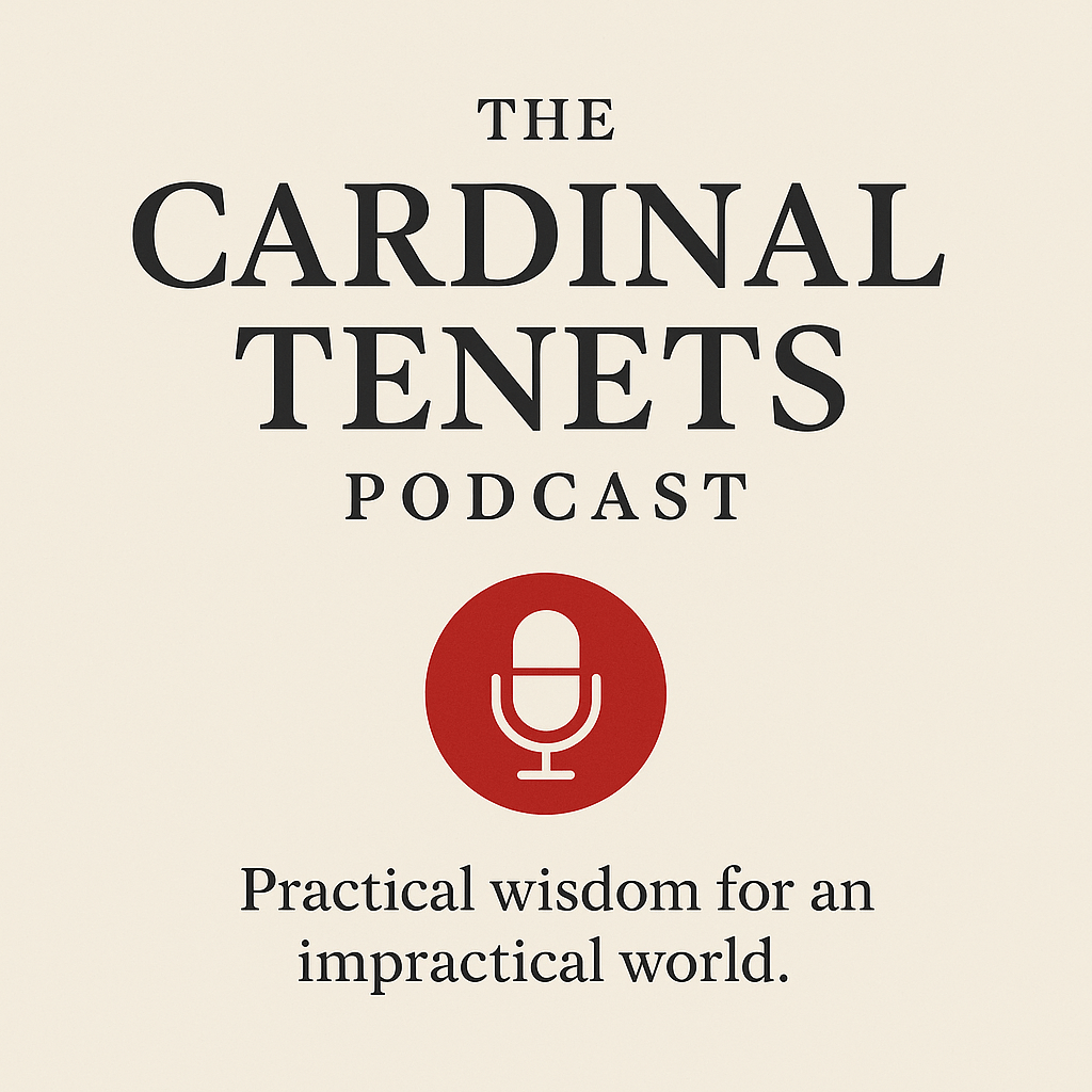 Cardinal Tenets Podcast logo featuring a vintage-style microphone in a red circle and the tagline "Practical wisdom for an impractical world."