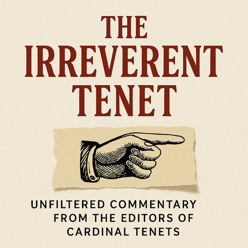 Vintage-style podcast artwork for The Irreverent Tenet featuring a pointing hand