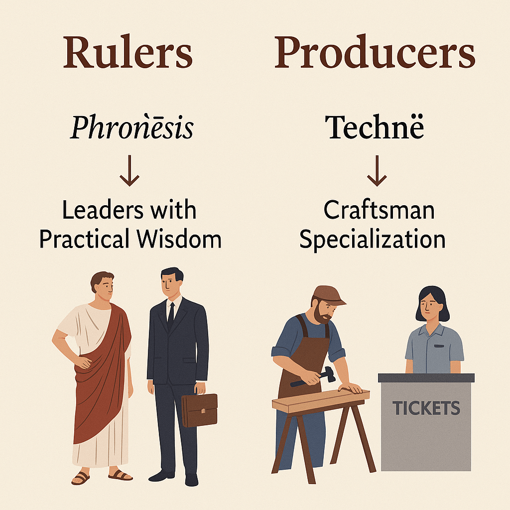 Visual chart comparing Plato’s Rulers with Aristotle’s Phronēsis to modern leaders, and Producers with Technē to skilled workers and ticket agents.