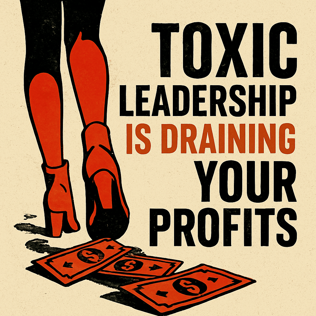 Illustration of a woman in red high heels walking away from scattered dollar bills, with bold text stating “Toxic Leadership Is Draining Your Profits”