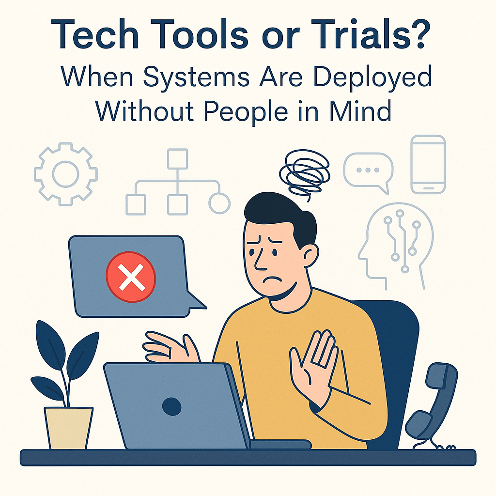 Illustration of a frustrated employee at a laptop with an error message, surrounded by abstract tech tools, icons, highlighting poor tech adoption.