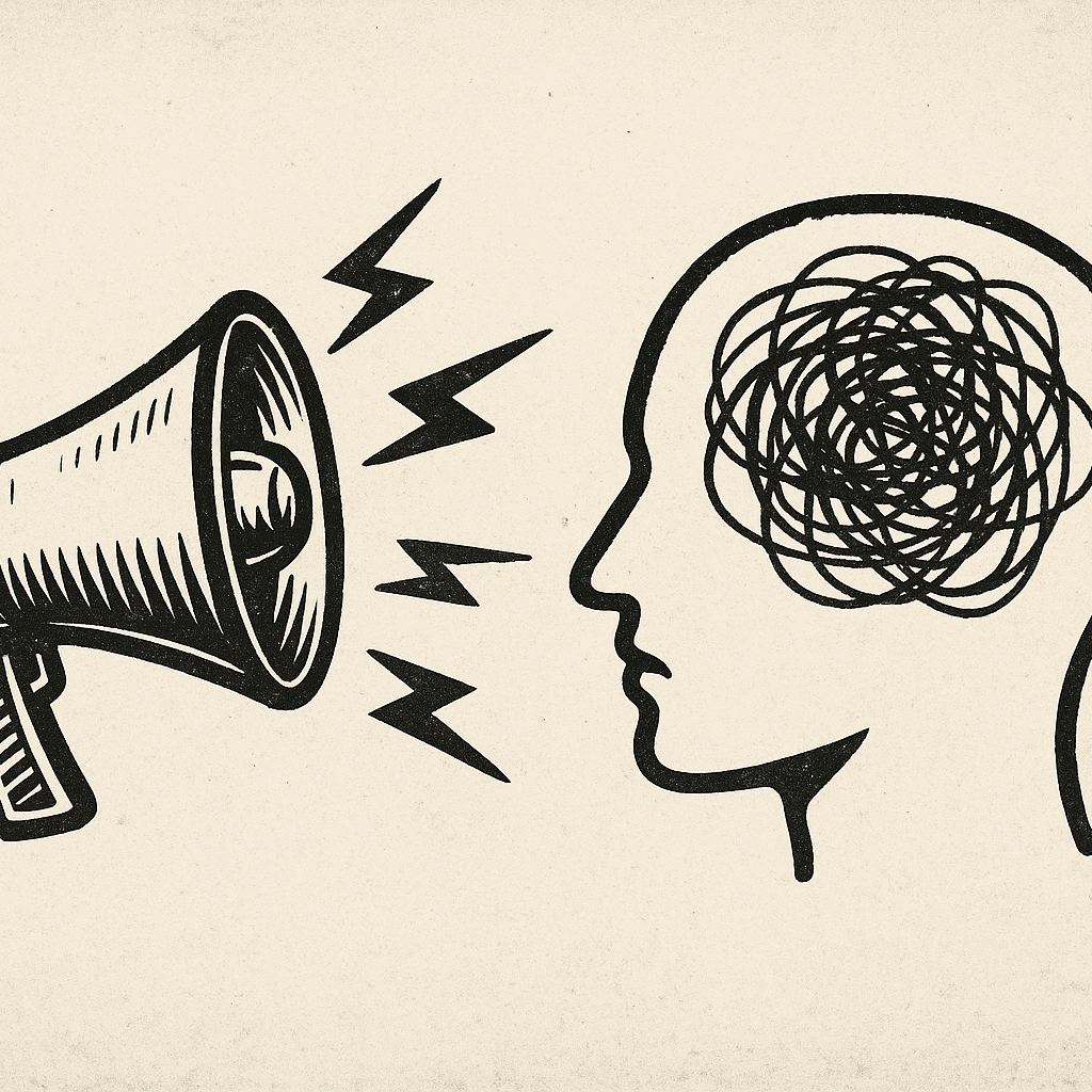 Megaphone shouting toward a scribbled brain in a human head silhouette