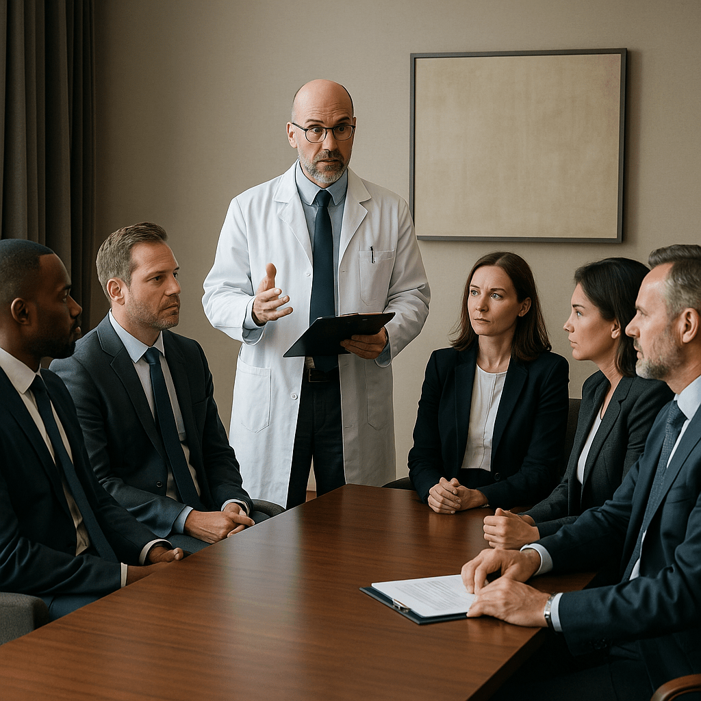 A doctor leads a therapy session with an executive team, symbolizing how addressing leadership dysfunction is part of what a business needs to thrive.