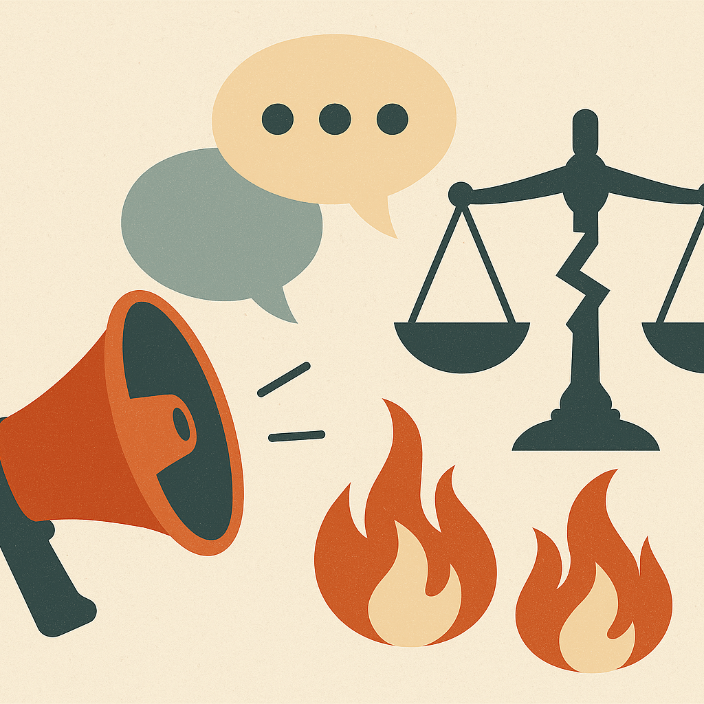 Cracked justice scale with flames, speech bubbles, and a megaphone