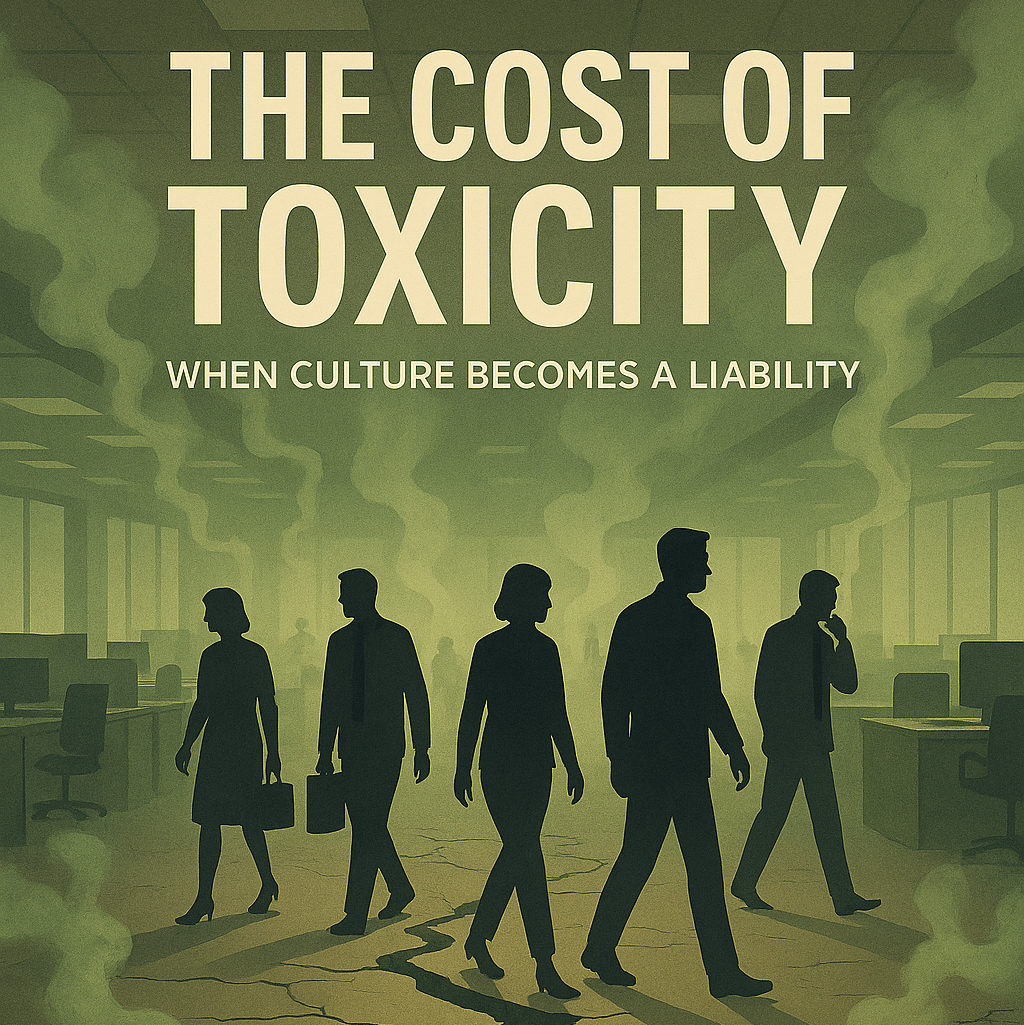 Silhouetted employees walking through a cracked, toxic leadership office space as greenish fumes rise, symbolizing workplace dysfunction and emotional strain.