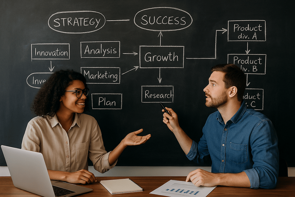 Two professionals discussing business strategy in front of a chalkboard, representing consulting services
