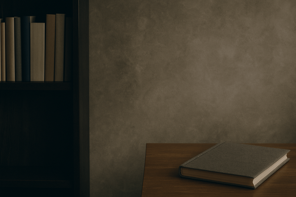 A subdued editorial photo with books, a notebook, and soft lighting—symbolizing thoughtful insight and grounded leadership