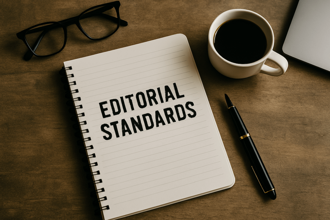 A spiral notebook labeled “Editorial Standards” with a fountain pen, coffee mug, glasses, and laptop on a wooden desk—symbolizing clarity and integrity in publishing.