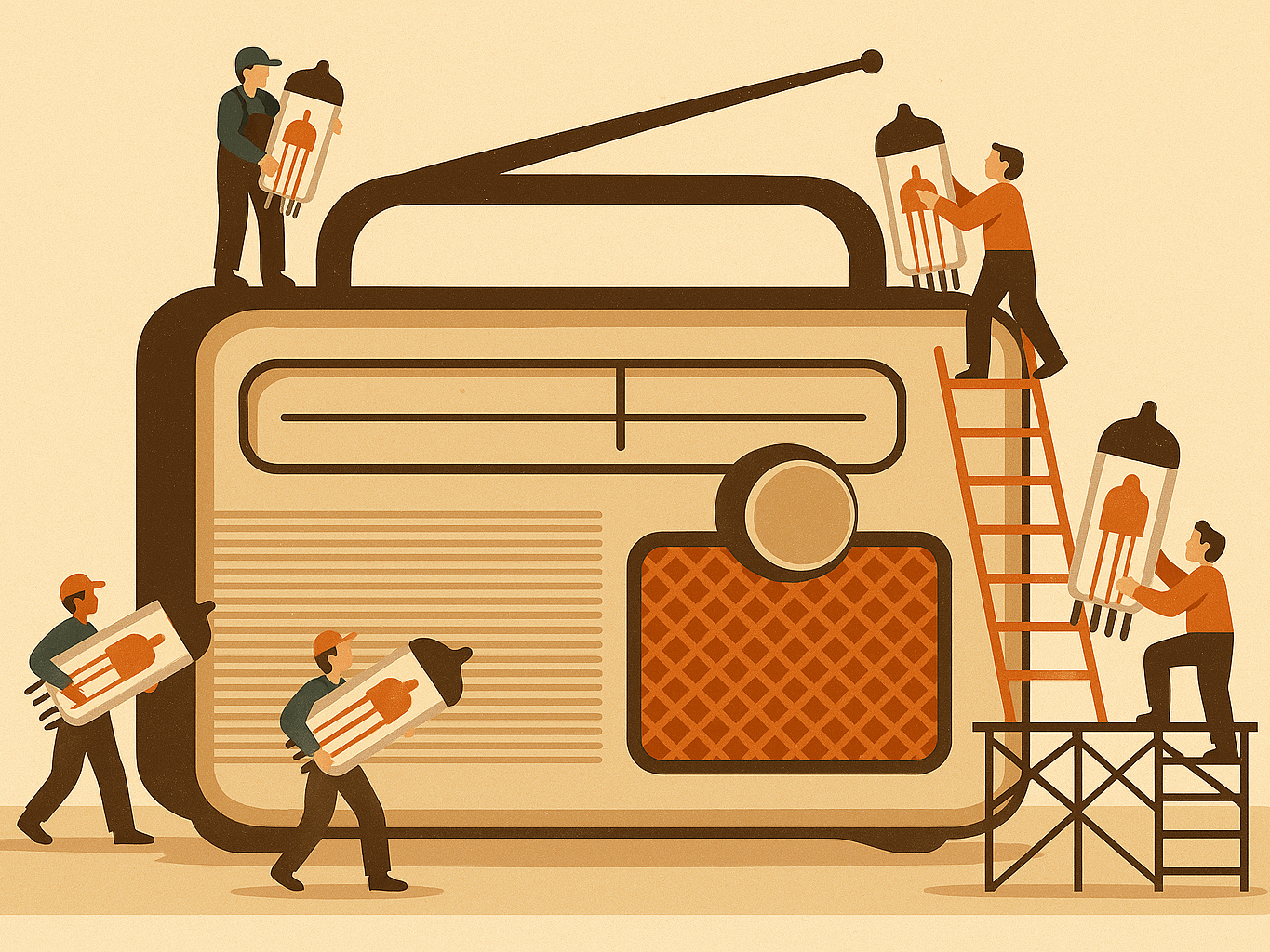 Illustration of tiny workers assembling a giant vintage radio using large vacuum tubes