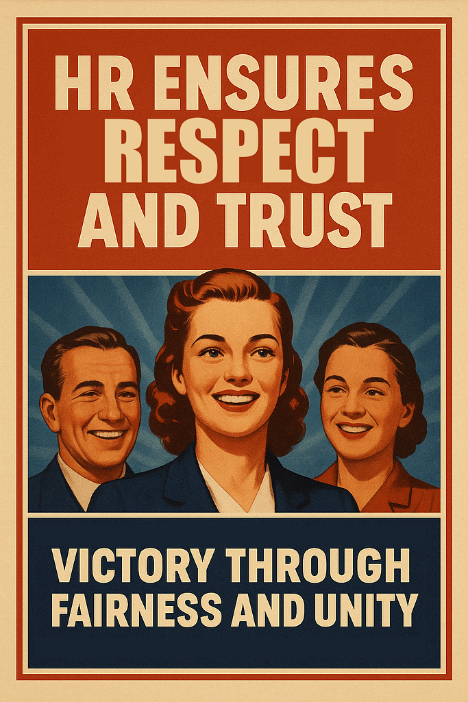 Vintage-style poster of smiling workers with the slogan “HR Ensures Respect and Trust Victory Through Fairness and Unity.”